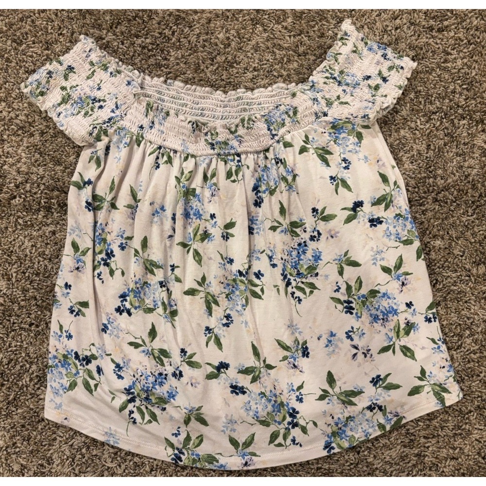 American Eagle Baby Doll Floral Top Womens XS White Blue Off Shoulder Ruffle
